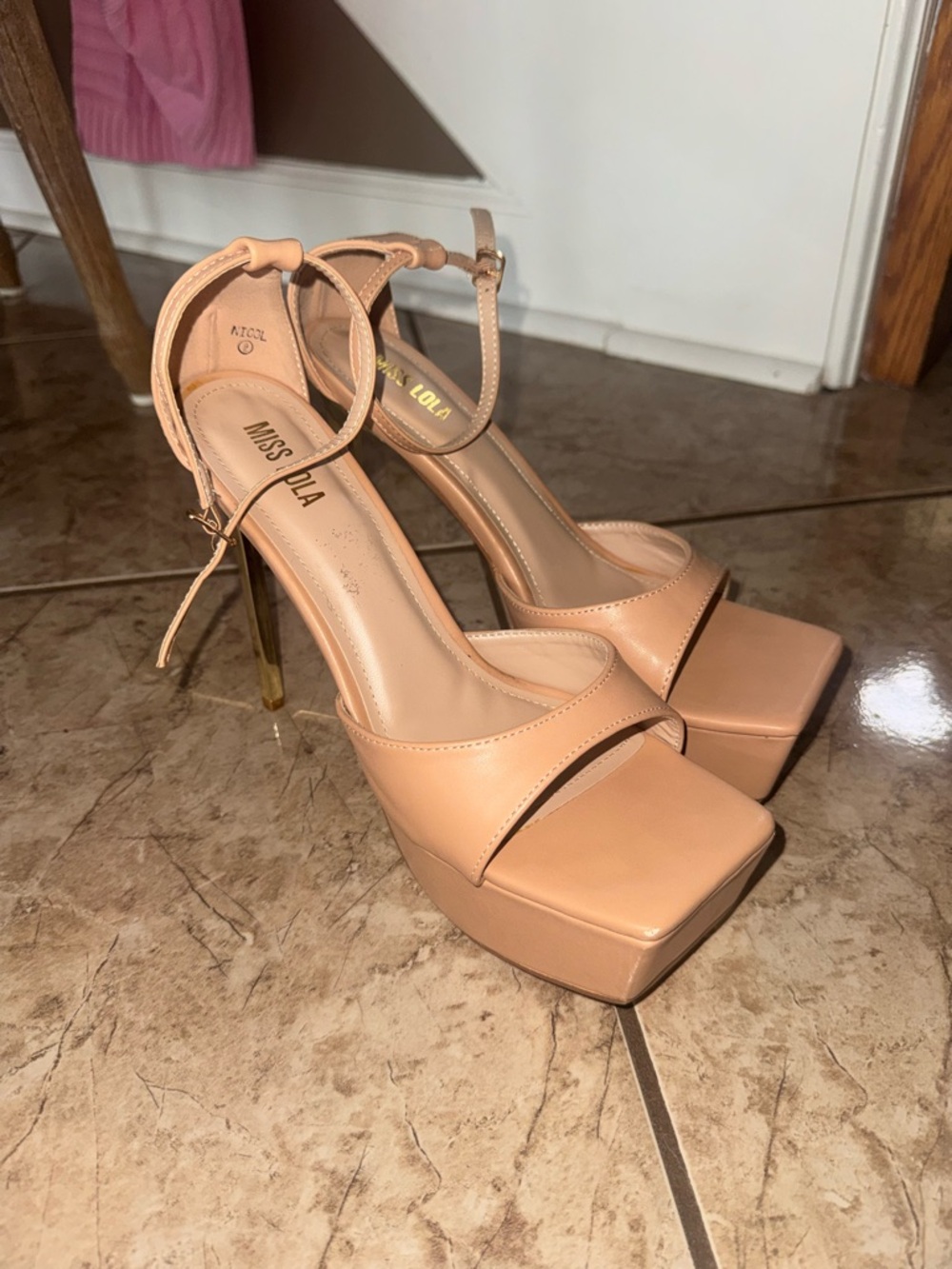 Miss Lola Beige Platform Ankle-Strap Heels